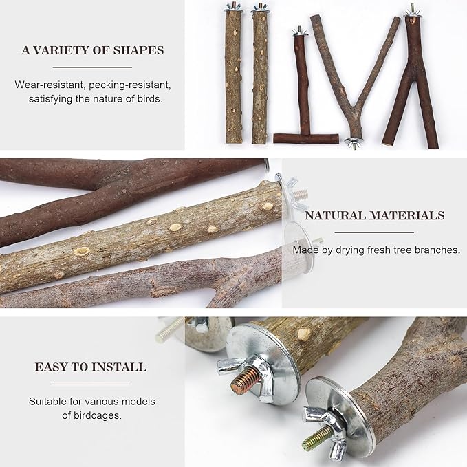 Bird Perch 5PCS Natural Wood Stand Parrot Toy and 1PC Bird Rope Perches for Parrots, Cockatiels, Parakeets, Budgie,Finches