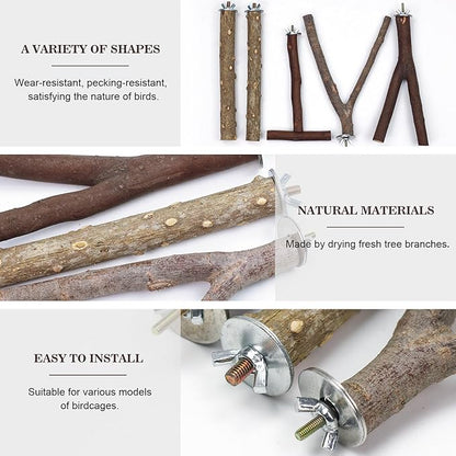 Bird Perch 5PCS Natural Wood Stand Parrot Toy and 1PC Bird Rope Perches for Parrots, Cockatiels, Parakeets, Budgie,Finches