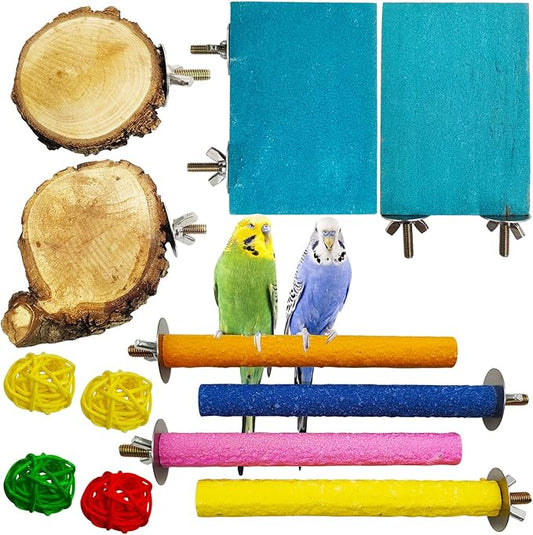 Hamiledyi Bird Perch Stand Wood Parrot Stand Platform Colorful Sand Paw Grinding Stick Rattan Wicker Balls Parakeet Chewing Toys for Cockatiel Conure Budgies Parakeet Lovebird（12Pcs）