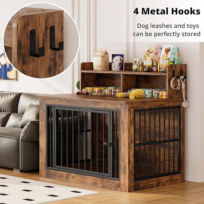 IRONCK Dog Crate Furniture, 43.3 inches Wooden Large Dog Crate with Storage and 4 Hooks, Heavy Duty Pet Crate for Large Dog, Decorative Pet Cage for Indoor (30" L x 43.3" W x 41.1" H)