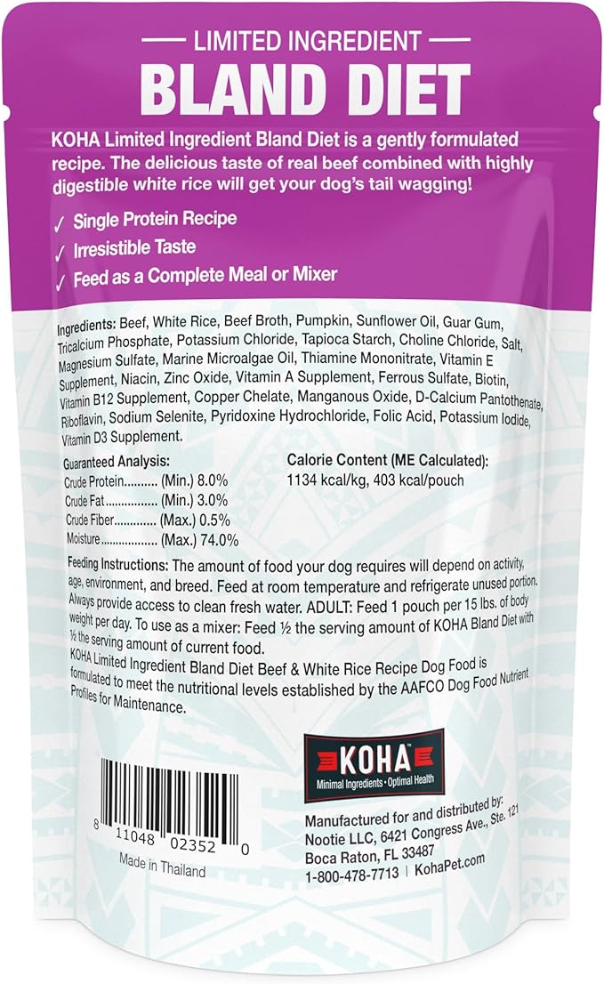 KOHA Limited Ingredient Bland Diet for Dogs, Beef and White Rice Recipe Sensitive Stomach Wet Dog Food, Gentle Formula Easy to Digest Bland Diet Dog Food, Pack of 6