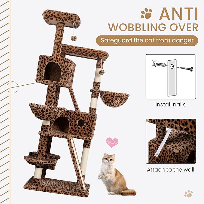 SHA CERLIN 65in Larger Cat Tree Tower Condo for Indoor Kitties/Multi-Level Furniture Activity Center with Wide Base/Cozy Plush Cat Perches/Baskets/Sisal Scratching Posts and Hammock/Leopard Print