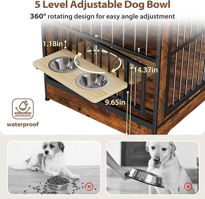 Rovibek 78 Double Dog Crate Furniture for 2 Large Dogs Indoor, Wooden Furniture Dog Crates with Dog Bowl, Dog Kennel Furniture TV Stand Large Breed Brown