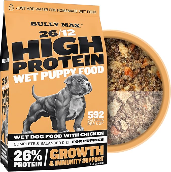 Bully Max Wet Puppy Food - Instant Fresh Dehydrated High Protein Soft Dog Food with Chicken - Healthy Growth for Small & Large Breed Puppies - 2 Dry Dog Food Pounds (Makes 5.5 lbs. of Wet Dog Food)