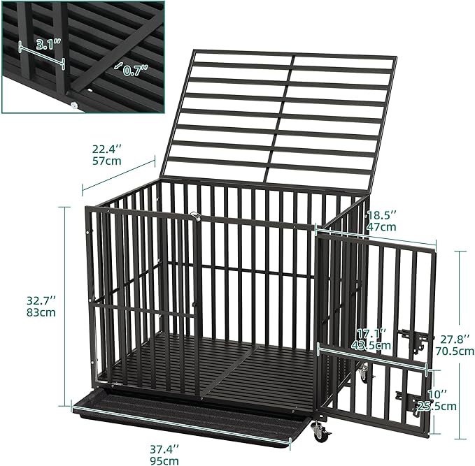 YITAHOME Heavy Duty Indestructible Dog Crate, 37 inch Escape Proof Dog Cage Kennel with Lockable Wheels, High Anxiety Dog Crate, Large Crate Indoor for Small Dog with Removable Tray
