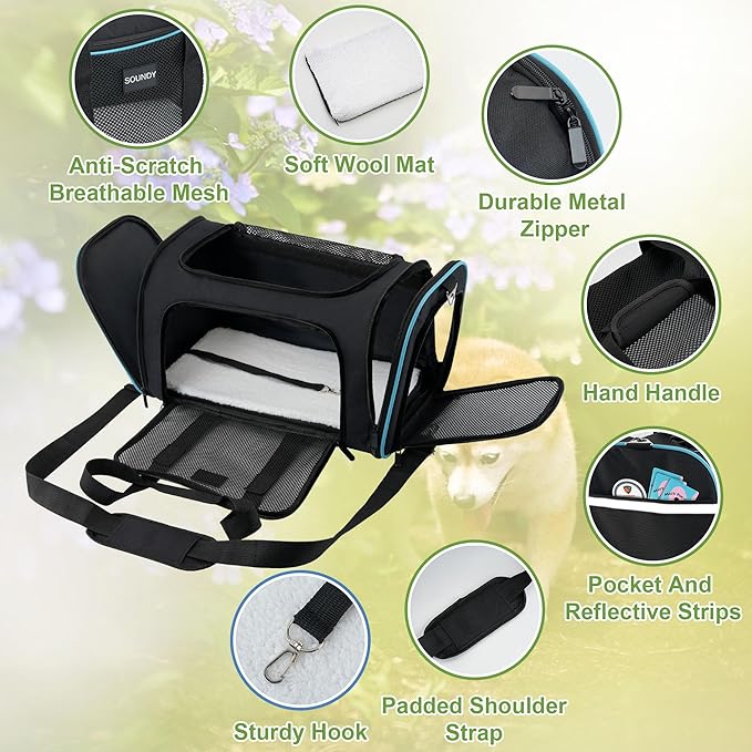 Soundy Dog Carrier Cat Carriers Airline Approved Pet Carrier for Small Medium Dogs Cats Under 15Lbs Puppies Collapsible Soft Sided TSA Travel Puppy Carrier Bag (Medium, Black)
