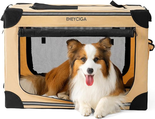 EHEYCIGA Collapsible Dog Crate 30 Inches, Portable Travel Crate for Medium Dogs, Soft Foldable Pet Kennel with 4-Door Mesh Windows Indoor & Outdoor, Beige