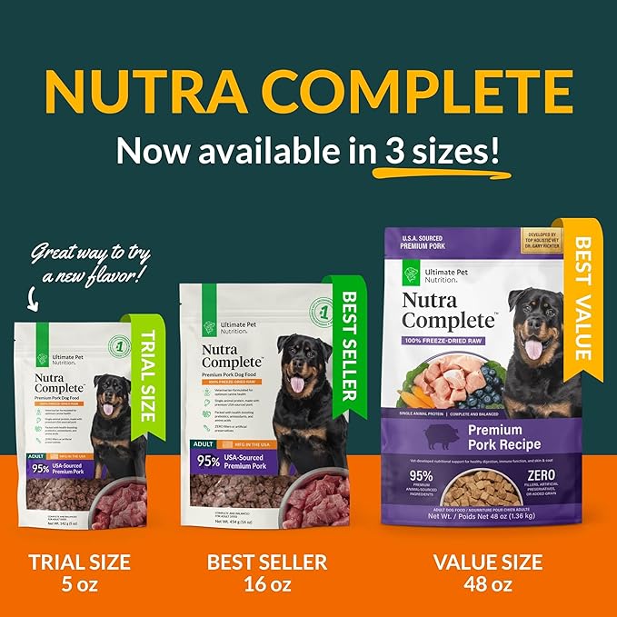 ULTIMATE PET NUTRITION Nutra Complete Raw Freeze Dried Dog Food, Veterinarian Formulated with Antioxidants, Prebiotics & Amino Acids (5 Ounce, Pork)