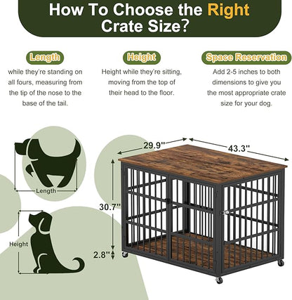 NicBex Dog Crate Furniture, 43.3" L With Double Doors, Wooden Indoor Kennel Flip-Top for Large Dogs, XL House, Rustic Brown
