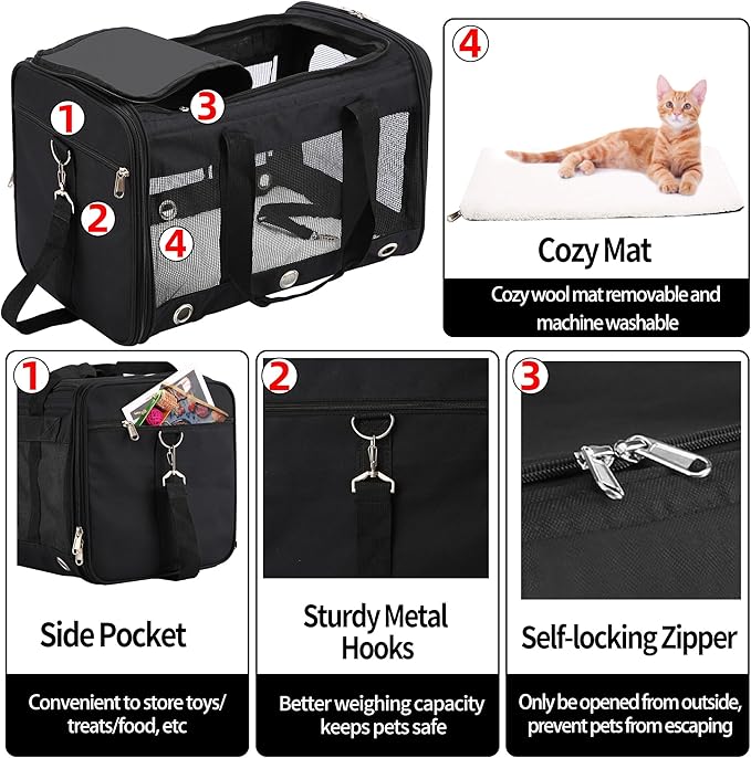 Soft Sided Cat/Dog Carrier,Collapsible Pets Travel Carriers for Pet/Puppy with Shoulder Strap & Removable Mat,Mesh Top Load Small Dogs/Cats Carry Bag Up to 17 Lbs TSA Airline Approved（Black,M）
