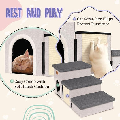 downluxe Dog Stairs for Small Dogs, Foldable Dog Steps for Bed, Sofa and Chair, Non-Slip Pet Steps with Cat Scratcher and Condo (3-Step Pet Stairs, Grey-Beige)