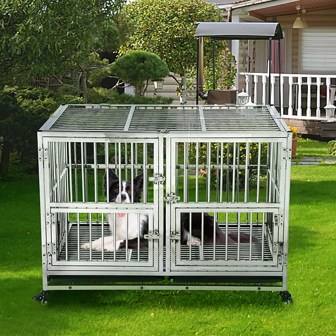 42" Heavy Duty Dog Crate Cage Kennel with Wheels, Full Stainless Steel High Anxiety Indestructible Dog Crate, Sturdy Locks Design, Double Door Small Door Design & Removable Tray Design (Silver)