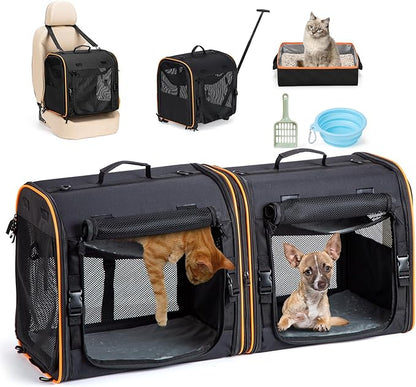 2-in-1 Cat, Dog Carrier for Pets up to 30 Lbs, Double Pet Carrier Car Travel Portable Twin Compartment Pet Kennel Dog Crate Set with Litter Box, Bowl for Outdoor Camping