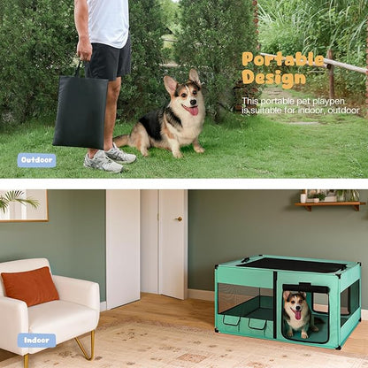 Dog Playen, Portable Dog Play Pen for Dogs and Cats, Metal Dog Playpen with Fabric Cover, Pet Play Pen for Indoors/Outdoors, Foldable Pet Playpen for Indoor Cats Enclosed, Green, Jumbo