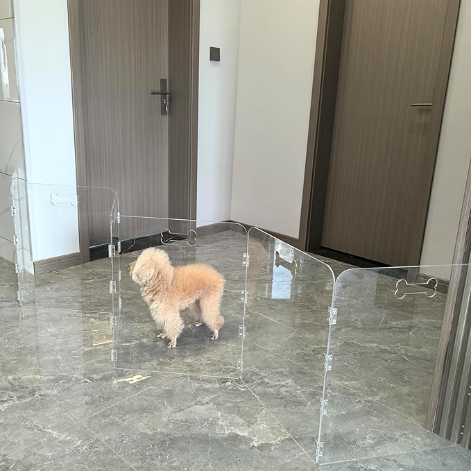 Acrylic Dog Playpen for House 6 Panels 120" W x 24" H Preassemble Foldable Clear Dog Gate Indoor with Handles, Free-Standing Pet Fence for Doorways Dog Pen for Medium Dogs Puppy Cat Rabbit