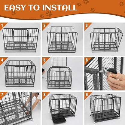 49.2Inch Indestructible Metal Dog Crates for Large Dogs, Heavy Duty Escape Proof Dog Kennel Indoor Extra Large Dog Crate with Lockable Wheels, XXL Dog Crate 49.2" L x 37" W x 43.3" H