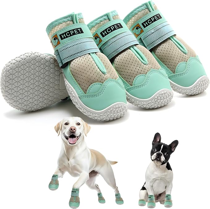 Hcpet Dog Shoes for Large Dogs, Breathable Dog Booties for Small Medium Dogs, Anti-Slip Dog Boots & Paw Protectors for Hot Pavement Winter Snow Hiking with Reflective Straps Green Size 2