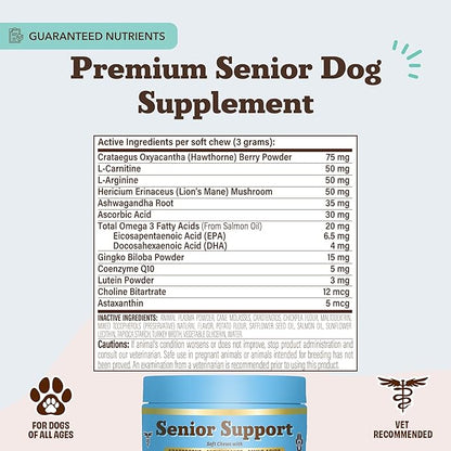 Natural Dog Company Senior Dog Vitamins Chew for Brain, Heart & Eye Health - Cognitive Support, Vision Clarity & Cardiovascular Function with Omega-3s, Lion’s Mane Senior Dog Supplements, 90 cnt