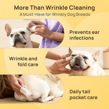 HICC PET Wrinkle Wipes for Dogs- 100 Count Hypoallergenic Wrinkle Wipes French Bulldog, Cleans Deodorizing, Anti-Itch Tear Stain Remover, Vet-Recommended Dog Face Wipes Great for Pug, English Bulldog
