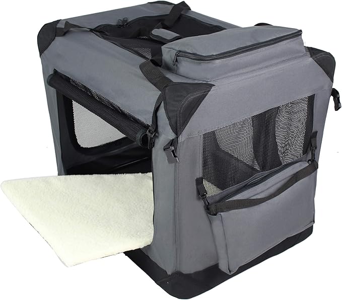 EliteField 3-Door Folding Soft Dog Crate with Carrying Bag and Fleece Bed (2 Year Warranty), Indoor & Outdoor Pet Home (30" L x 21" W x 24" H, Gray)