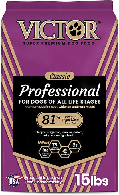 VICTOR Super Premium Dog Food – Professional Dry Dog Food – Super Premium Kibble with 26% Protein – Gluten-Free with Beef, Chicken & Pork Meals – for High Energy and Active Dogs & Puppies, 15lbs