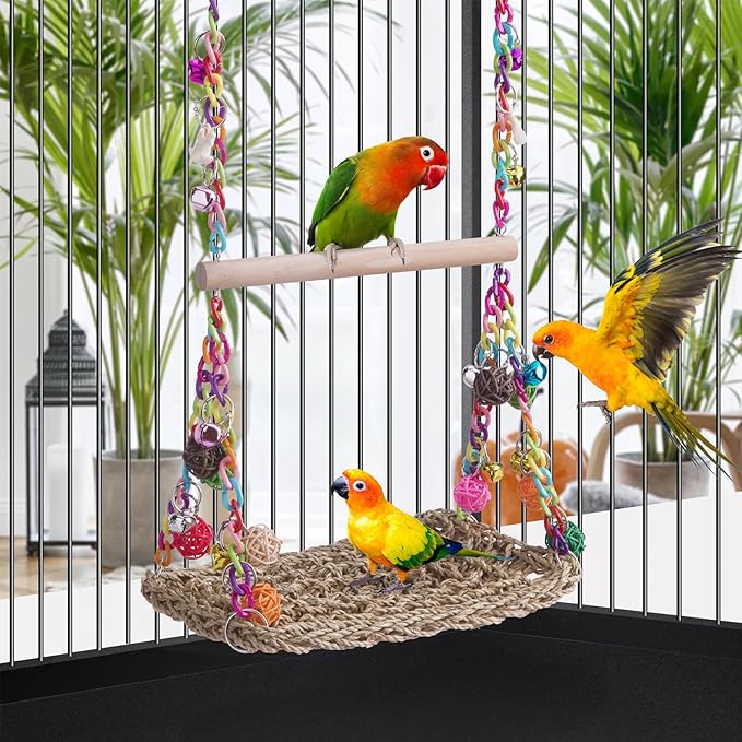 Bird Swing Toys with Wood Perch, Seagrass Woven Parrot Platform Bird Climbing Hanging Hammock Bird Perch Stand Chewing Toy for Parakeets,Budgie, Conure, Cockatiel,Lovebird