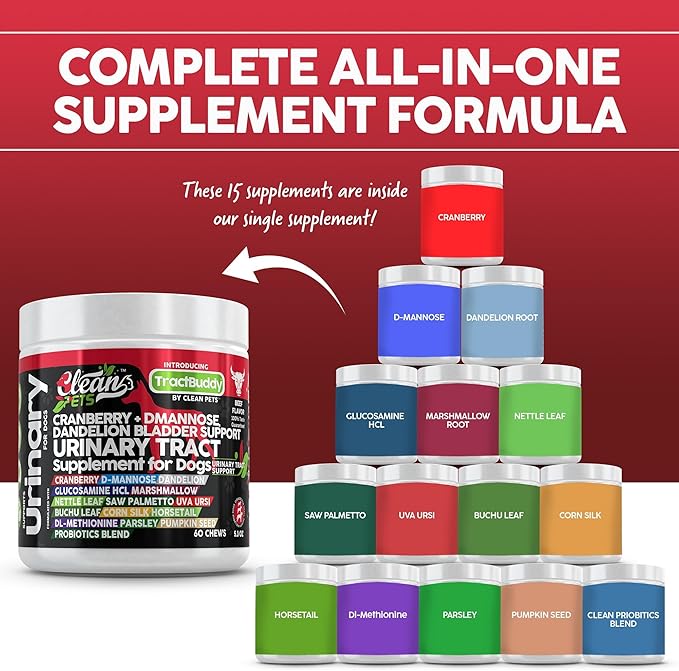 Cranberry for Dogs Urinary Tract Support | D-Mannose UTI Bladder Stones Dandelion Glucosamine HCL Marshmallow Nettle Leaf Saw Palmetto Uva Ursi Buchu Horsetail Methionine Parsley Supplement