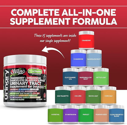 Cranberry for Dogs Urinary Tract Support | D-Mannose UTI Bladder Stones Dandelion Glucosamine HCL Marshmallow Nettle Leaf Saw Palmetto Uva Ursi Buchu Horsetail Methionine Parsley Supplement