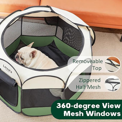 Love's cabin Pet Puppy Dog Playpen, Medium Dog Tent Crates Cage Indoor/Outdoor, Portable Playpen for Cat, Foldable Pop Up Dog Kennel Playpen with Carring Case, Removable Zipper Top, Olive Green
