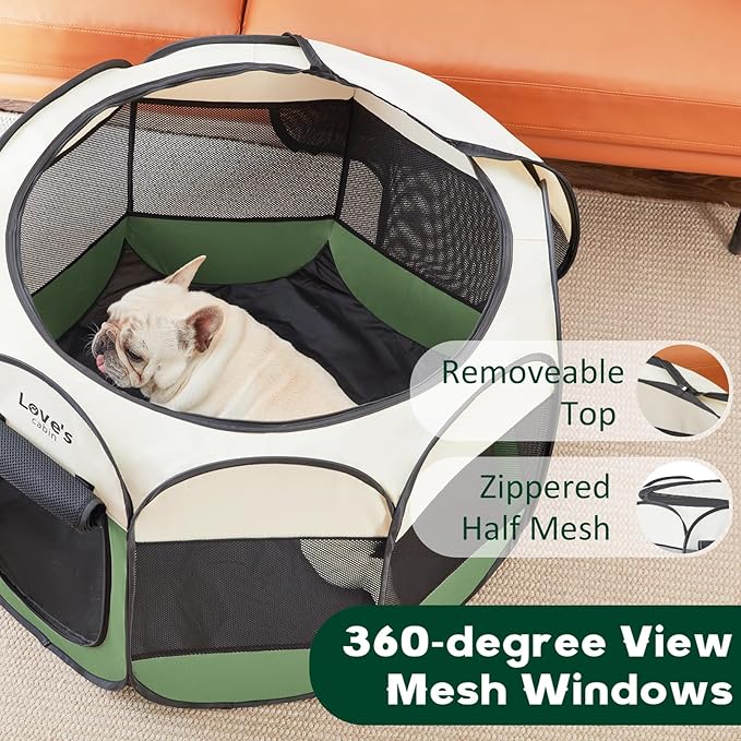 Love's cabin Pet Puppy Dog Playpen, Small Dog Tent Crates Cage Indoor/Outdoor, Portable Playpen for Cat, Foldable Pop Up Dog Kennel Playpen with Carring Case, Removable Zipper Top, Olive Green