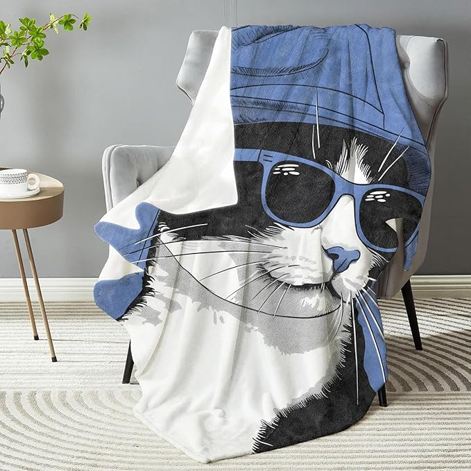 Funny Cat Blanket Flannel Throw Blanket - Soft Plush, Lightweight, Comfy, Warm, Fuzzy, All-Season Gift for Sofa, Bedroom, Bed, Living Room, Outdoor Use for Women Men 50in×60in