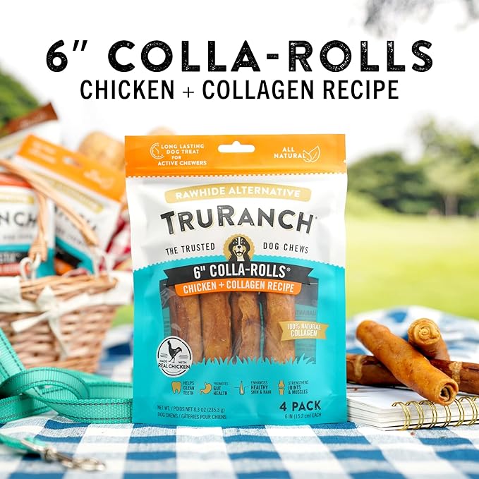 TRURANCH Collagen Rolls - 6" Collagen Rolls for Dogs - Long Lasting Healthy Joint Support Dog Treat - Rawhide Alternative - Skin & Coat Health - Made with Real Chicken, 1 Bag, 4 Count