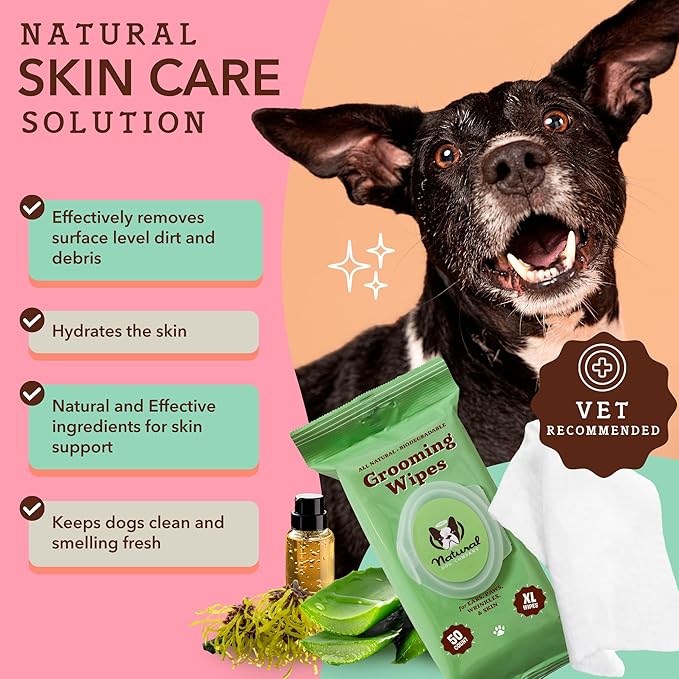 Natural Dog Company Grooming Wipes with Aloe Vera, Cleanses, Soothes, & Deodorizes, Fragrance Free, Hypoallergenic, Biodegradable - Dog Wipes for Ear, Paws, Face and Butt (50 ct)