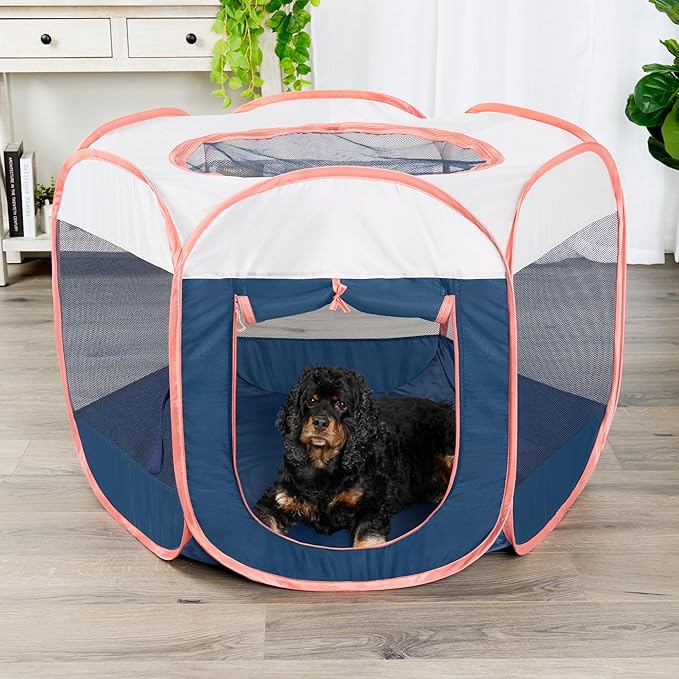 Furhaven Portable Dog Playpen Cat Tent, Pet Playground/Kennel Foldable Indoor Outdoor Zippered Puppy Crate - Navy, Medium