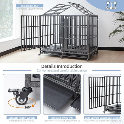 54 inch Heavy Duty Indestructible and Escape-Proof Dog Crate Cage Kennel for Large Dogs, High Anxiety Dog Crate with Removable Wire Trays and Wheels, Extra Large XL XXL