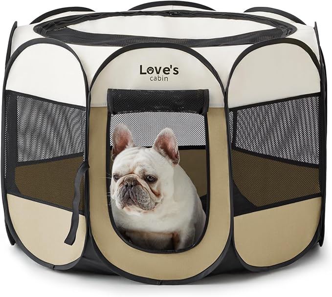 Love's cabin Pet Puppy Dog Playpen, Small Dog Tent Crates Cage Indoor/Outdoor, Portable Playpen for Cat, Foldable Pop Up Dog Kennel Playpen with Carring Case, Removable Zipper Top, Khaki