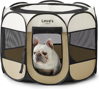 Love's cabin Pet Puppy Dog Playpen, Small Dog Tent Crates Cage Indoor/Outdoor, Portable Playpen for Cat, Foldable Pop Up Dog Kennel Playpen with Carring Case, Removable Zipper Top, Khaki