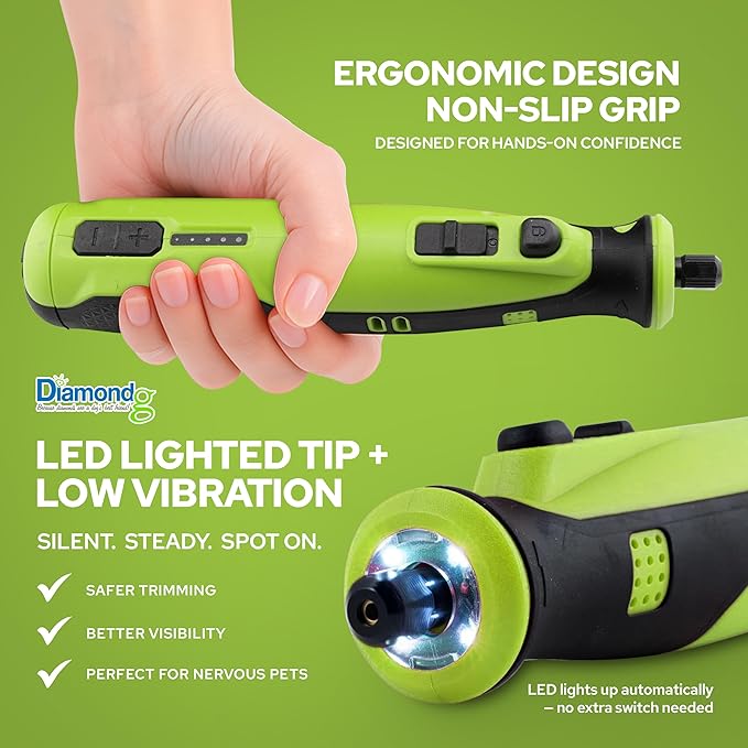 Rotary Tool for Dog Nail Grinding, Cordless, 8V Lithium Ion Battery, Lighted Tip, 4 Hour Run Time (Green)