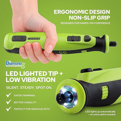 Rotary Tool for Dog Nail Grinding, Cordless, 8V Lithium Ion Battery, Lighted Tip, 4 Hour Run Time (Green)