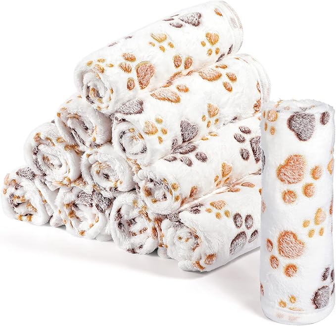 Tegeme 12 Pieces Pet Blanket Soft Fleece Dog Fluffy Doggie Warm Felt Throw Spring Cute Paw Print Puppy Kitten Sleep Mat Bed Covers for Cat(23 x 16 Inch,White)