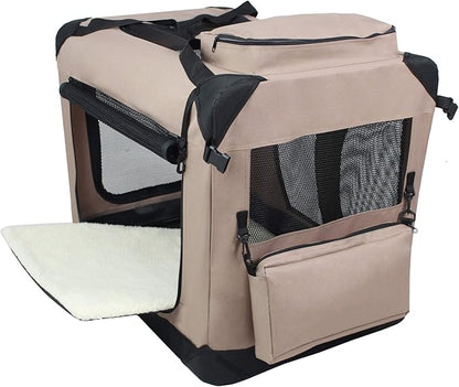 EliteField 3-Door Folding Soft Dog Crate with Carrying Bag and Fleece Bed (2 Year Warranty), Indoor & Outdoor Pet Home (20" L x 14" W x 14" H, Khaki)