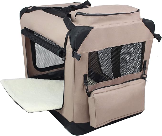 EliteField 3-Door Folding Soft Dog Crate with Carrying Bag and Fleece Bed (2 Year Warranty), Indoor & Outdoor Pet Home (42" L x 28" W x 32" H, Khaki)
