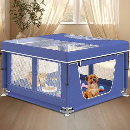 Dog Playpen 42 _ 42 Inch, Puppy PlayPen with Gate for Puppies, Cat, Small and Medium Dogs, Pet PlayPen with Roof for Outdoors & Indoors, Thickened Fabric, Safe & Sturdy Dog Fence