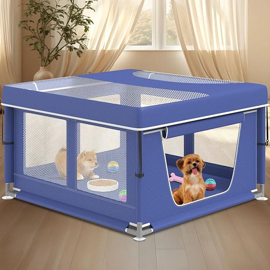 Dog Playpen 42 _ 42 Inch, Puppy PlayPen with Gate for Puppies, Cat, Small and Medium Dogs, Pet PlayPen with Roof for Outdoors & Indoors, Thickened Fabric, Safe & Sturdy Dog Fence