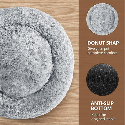 JOLLYVOGUE Dog Beds for Medium Dogs, Anti-Anxiety Washable Round Bed, Calming Donut Dog Cat Bed for Puppy Bed, Fluffy Dog Beds for Medium Dogs, Round Puppy Bed for Indoor Pet (28"/Smoke Gray