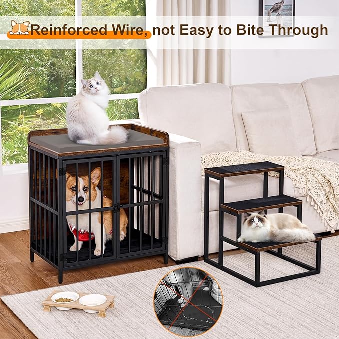 Snughome Dog Crate Furniture with Stairs, 41.73‘’ Wooden Dog Kennel Indoor with Double Doors, Furniture Style Dog Crate with Cushion for Dogs, Heavy Duty Dog Cage for Small/Medium Dogs, Rustic Brown