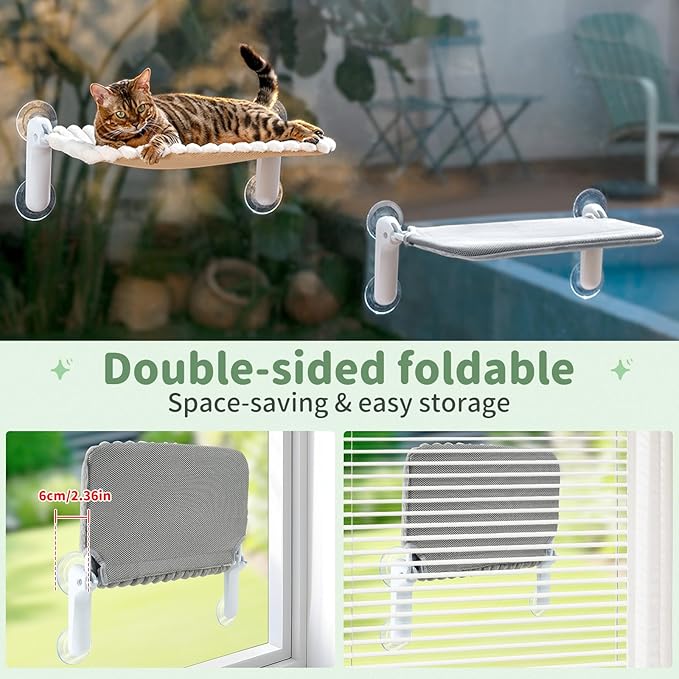 Sunhoo Cat Window Perch Hammock Foldable Kitten Bed Windowsill Seat with Suction Cup for Large Indoor Cats Inside Kitty Window Sill Ledge Shelf Hold Up to 40lbs Machine Washable 21.26*11.8in(White, M)