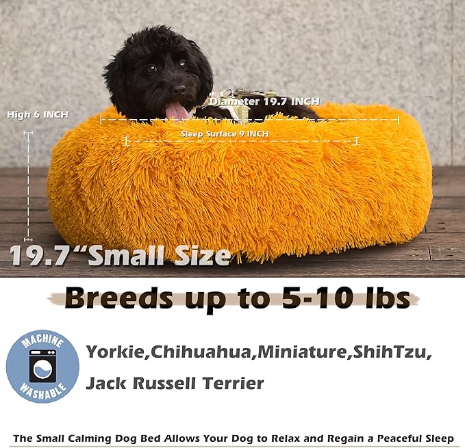 Small Dog Bed for Calming Dog 19 inches Orange Puppy Bed for Extra Small Dog Bed Washble Anti-Anxiety Puppy Bed Machine Washable Cozy Soft Pet Round Bed Fits up to 10-100 lbs