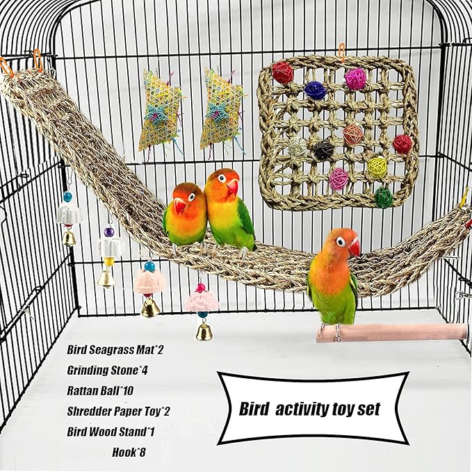Bird Foraging Wall Toys Parrot Seagrass Mat Activity Climbing Net ladder 29.5''X7.1''&11.8''x11.8'' Hanging Hammock Cage Chew Toys with Ball Toys for Parakeet Cockatiel Conure Cockatoo Budgie Lovebird