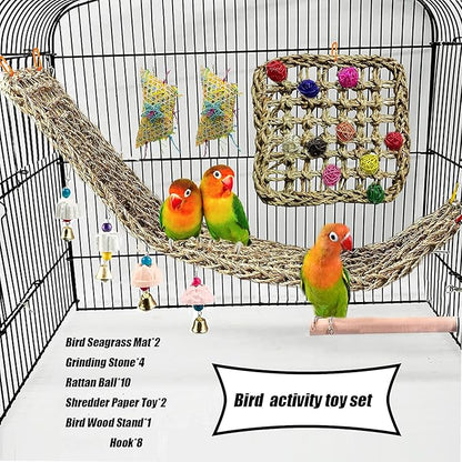 Bird Foraging Wall Toys Parrot Seagrass Mat Activity Climbing Net ladder 29.5''X7.1''&11.8''x11.8'' Hanging Hammock Cage Chew Toys with Ball Toys for Parakeet Cockatiel Conure Cockatoo Budgie Lovebird